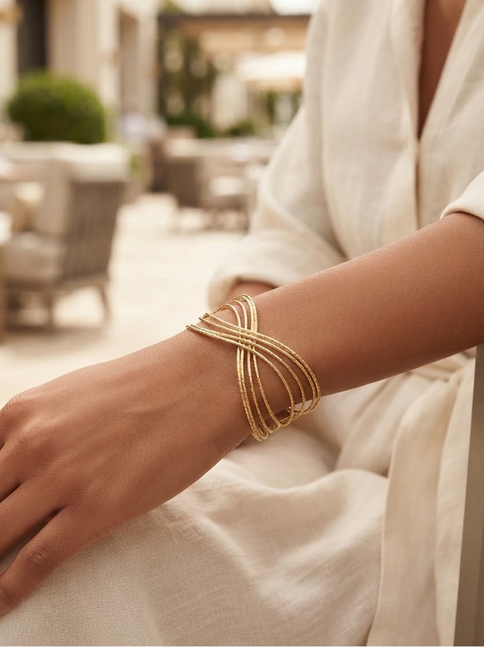 Gold Tone Multi Strand Criss Cross Open Cuff Statement Bracelet
